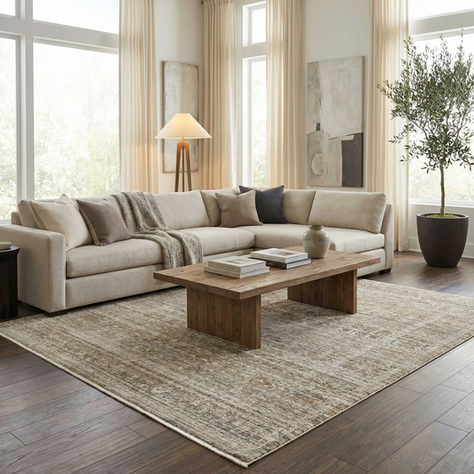 Uzuri Washable Outdoor Area Rug beige neutral pattern Boutique Rugs in sunlit living room on Tampa Home & Garden Store