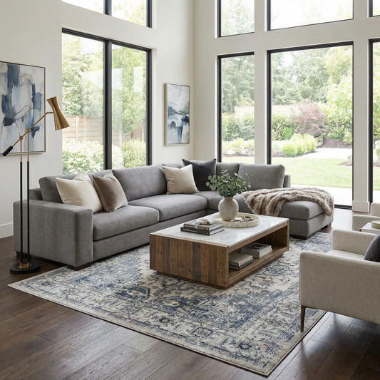Murrindindi area rug in light gray and cream by Boutique Rugs in living room setting on Tampa Home & Garden Store