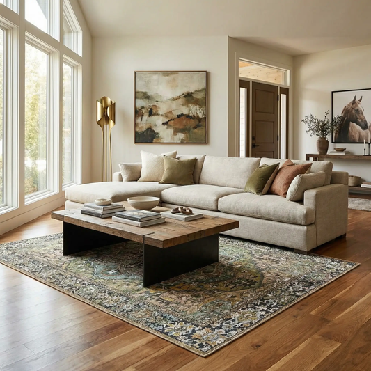 Neyland Sage Green Area Rug by Boutique Rugs in a sunlit living room with beige sectional on Tampa Home & Garden Store