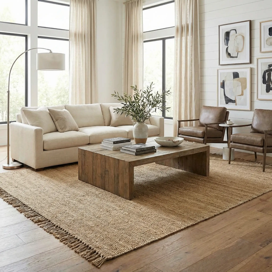 Oaks Perfect Flatweave Jute Rug natural beige with fringed edges by Boutique Rugs on Tampa Home & Garden Store