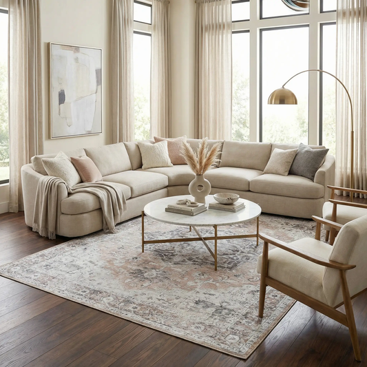 Fatih Tumble Dry Washable Rug Machine Woven beige cream ornate pattern in living room on Tampa Home & Garden Store