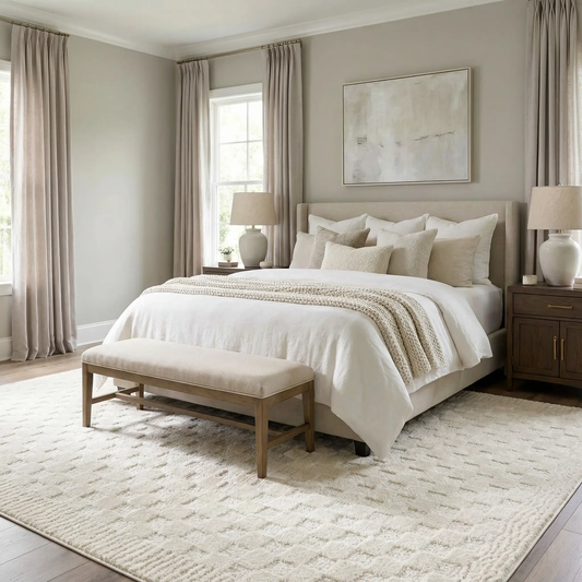 Leryn Ivory Checkered High-Pile Area Rug by Boutique Rugs in ivory tones under a bed on Tampa Home & Garden Store