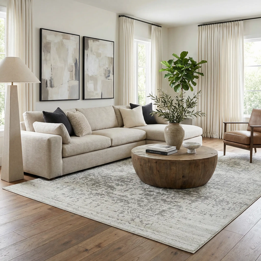 Rachel Area Rug by Boutique Rugs, light gray ivory abstract pattern in a cozy living room on Tampa Home & Garden Store