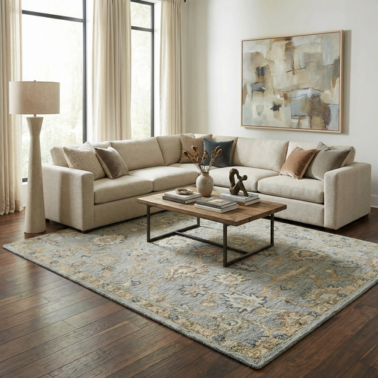 Cedric Oushak Area Rug with Floral Pattern in soft blues and beiges in living room on Tampa Home & Garden Store