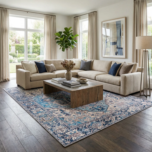 Neyland Iris Blue Area Rug 2362 Medallion Pattern by Boutique Rugs in a sectional living room on Tampa Home & Garden Store