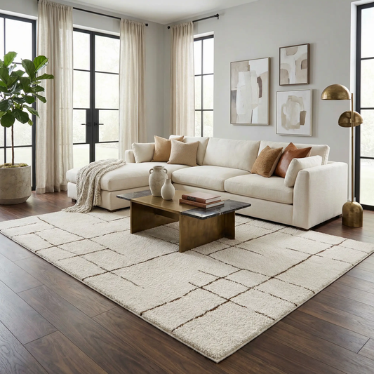 Koume Ivory and Brown Plush Area Rug in bright living room with ivory shag and brown grid lines on Tampa Home & Garden Store