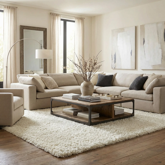 Siari solid cream plush area rug by Boutique Rugs for living room with soft shag on Tampa Home & Garden Store