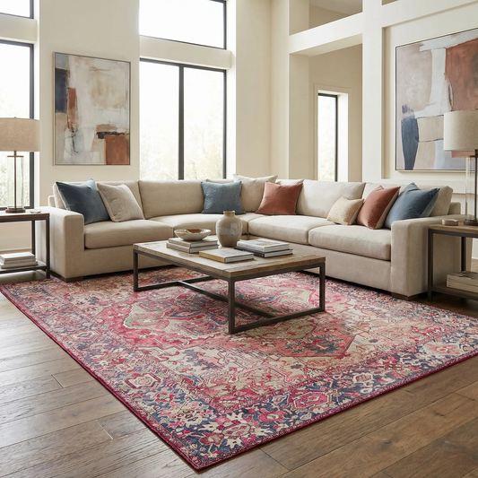 Neyland Iris Blush Area Rug medallion pattern in blush and blue tones in a bright living room on Tampa Home & Garden Store