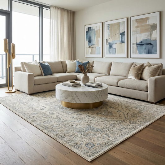 Boutique Rugs Yumna Thick Luxe Rug, high-pile machine-woven beige area rug with blue accents on Tampa Home & Garden Store