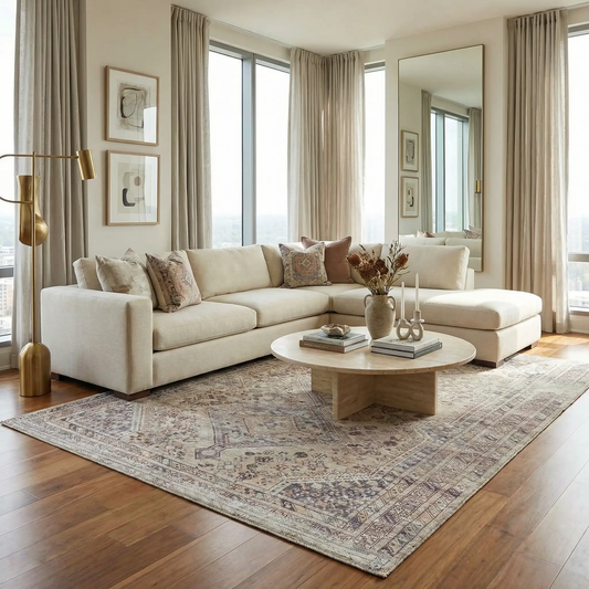 Barny Tan Machine Washable Area Rug by Boutique Rugs; tan with traditional pattern on Tampa Home & Garden Store