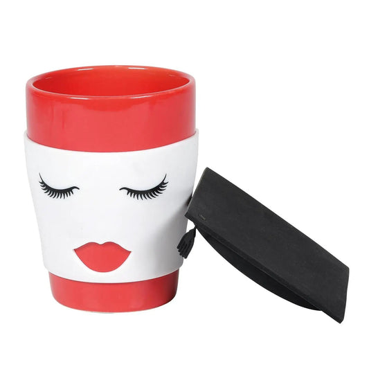 Graduate mug with silicone top Hers, red lid, white body with eyelashes on Tampa Home & Garden Store
