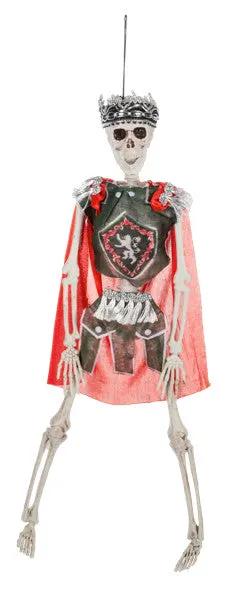 Medieval Knightly Skeleton hanging ornament with crown, silver armor, red cape and shield on Tampa Home & Garden Store