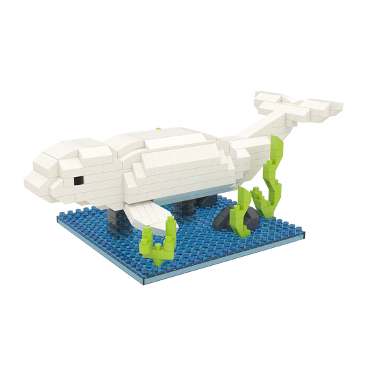 Mini Building Blocks Beluga Whale Kit white block whale on blue baseplate with green seaweed on Tampa Home & Garden Store