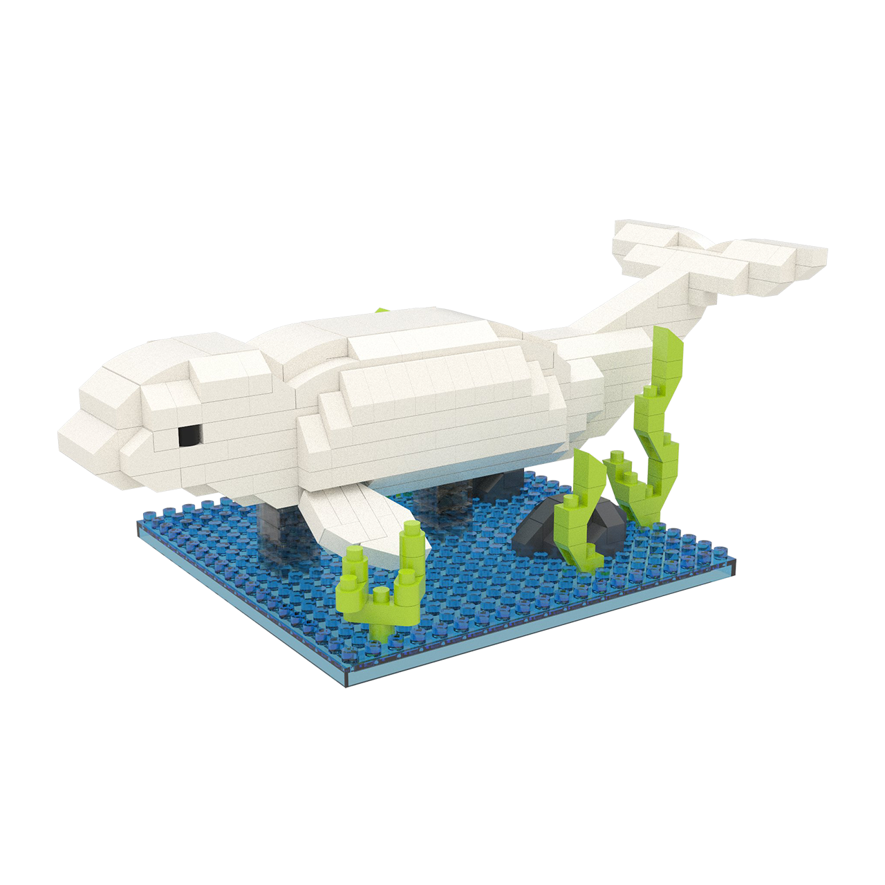 Mini Building Blocks Beluga Whale Kit white block whale on blue baseplate with green seaweed on Tampa Home & Garden Store