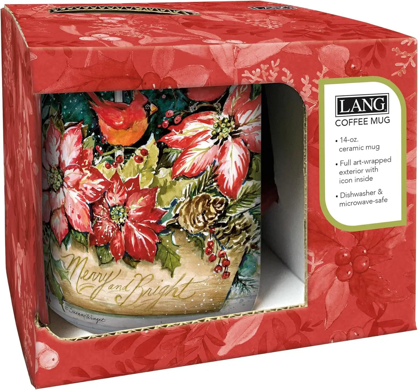 Merry and Bright 14-oz ceramic mug with festive cardinal floral design in red packaging LANG on Tampa Home & Garden Store