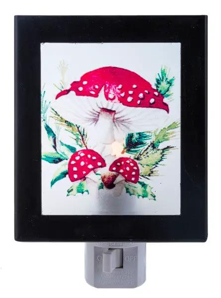 Enchanted Glass Mushroom Nightlight red mushroom in black frame plug-in by Country Christmas Loft on Tampa Home & Garden Store
