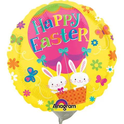 Easter pre-inflated Happy Easter yellow balloon with two bunnies in a basket, Anagram on Tampa Home & Garden Store