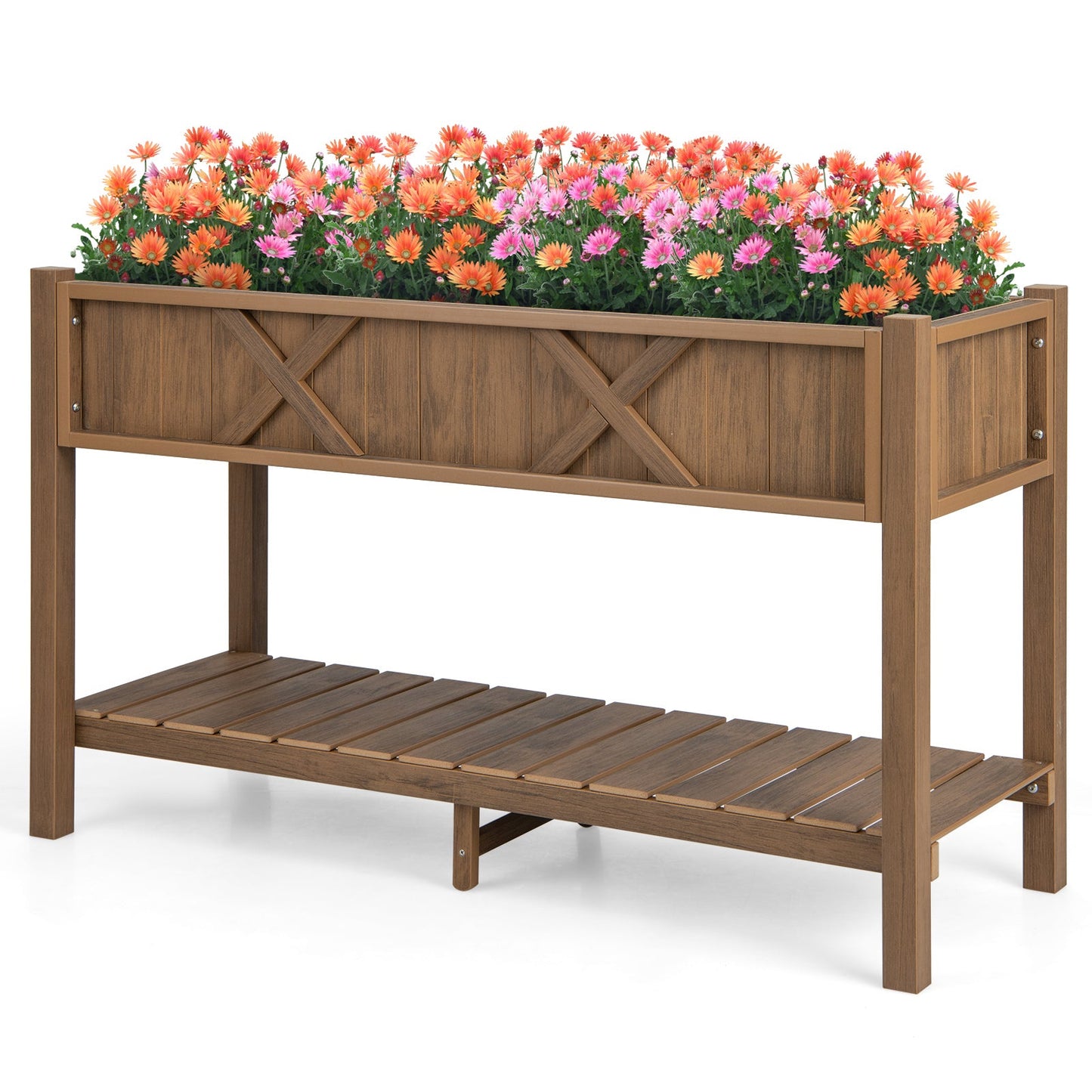 Poly Elevated Planter Box raised garden bed on legs with cross-brace sides and colorful flowers on Tampa Home & Garden Store