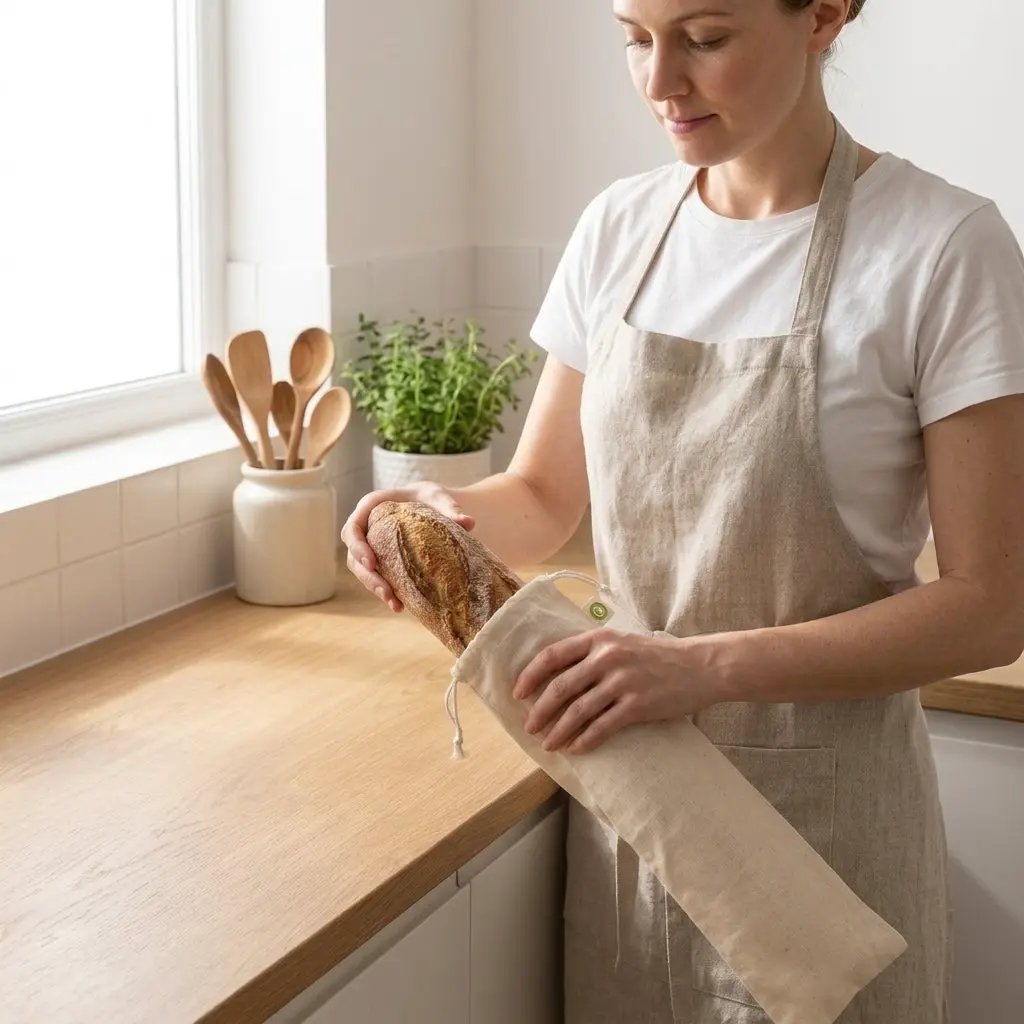 Linen Bread Bags 4 Pack with Drawstring Closure, beige linen shown with a loaf in a kitchen on Tampa Home & Garden Store