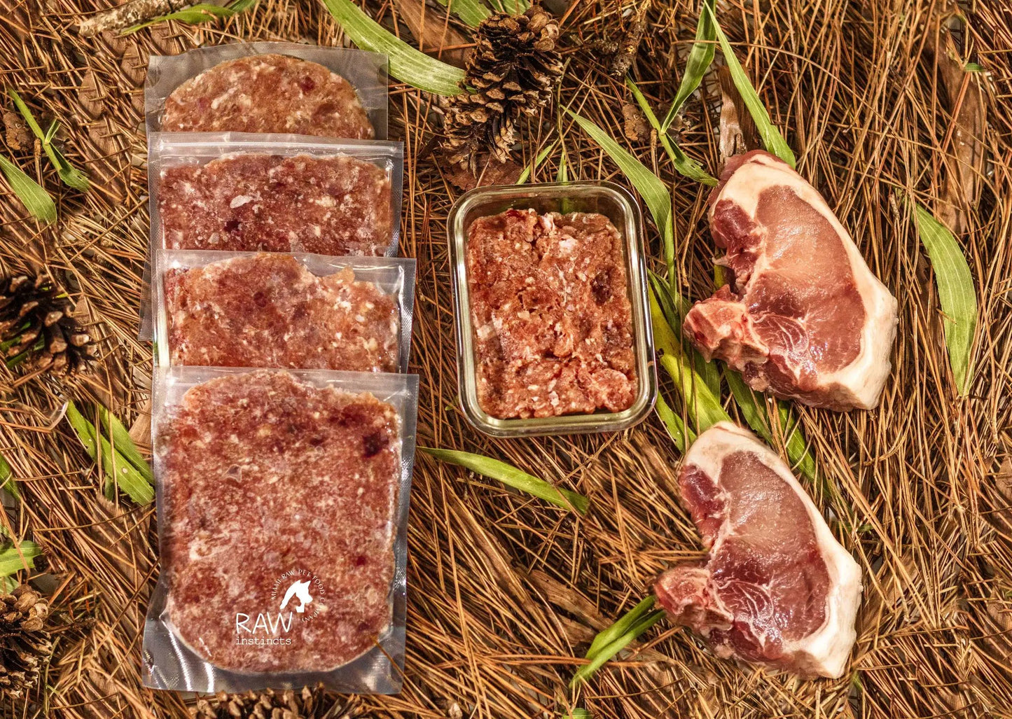 Raw PMR Pork Meal Blend for Cats & Dogs by Raw Instincts — pouches and pork chops on Tampa Home & Garden Store
