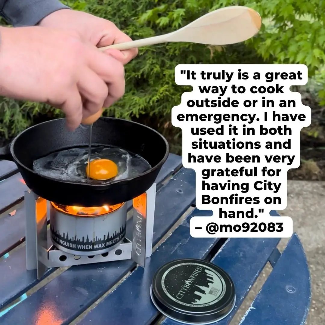 Ultralight collapsible camp stove with trivet City Bonfires metal burner frying egg on table on Tampa Home & Garden Store