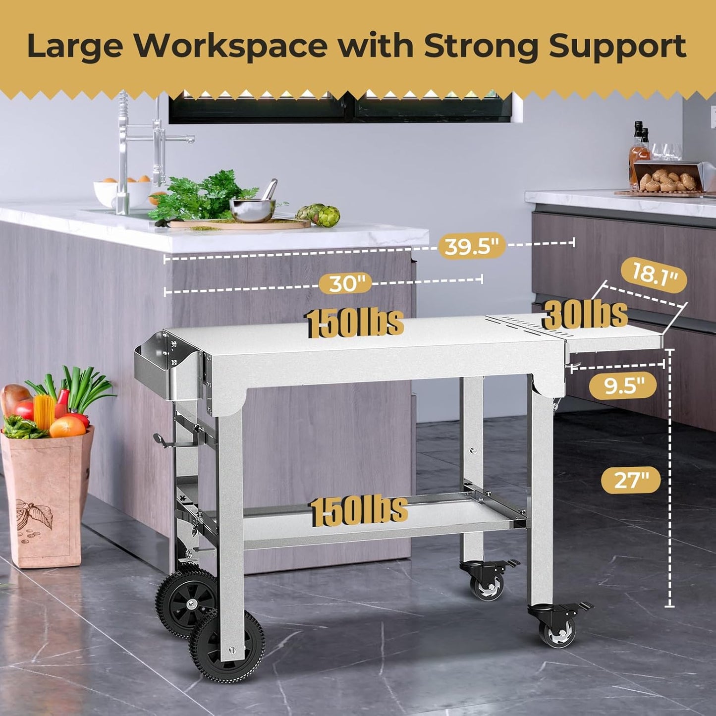 Mesa de preparación plegable portátil con ruedas para barbacoa, soporte de acero inoxidable para camping, fiestas y cocina al aire libre T0130SA