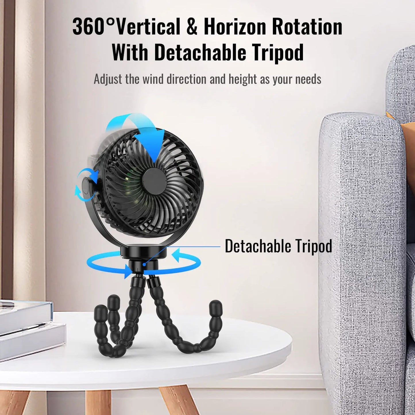 Portable black handheld fan Moktan Sabai with 8000mAh battery, 4 speeds, detachable tripod on Tampa Home & Garden Store