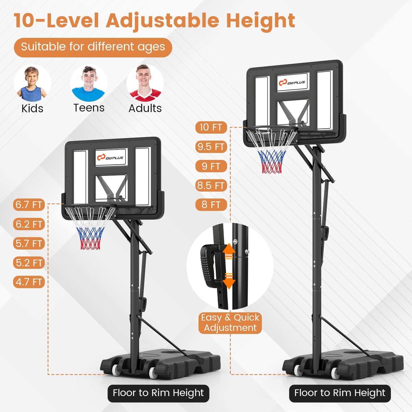 Portable basketball hoop with 4.6 to 10 ft height adjust, black steel frame, GoPlus backboard on Tampa Home & Garden Store