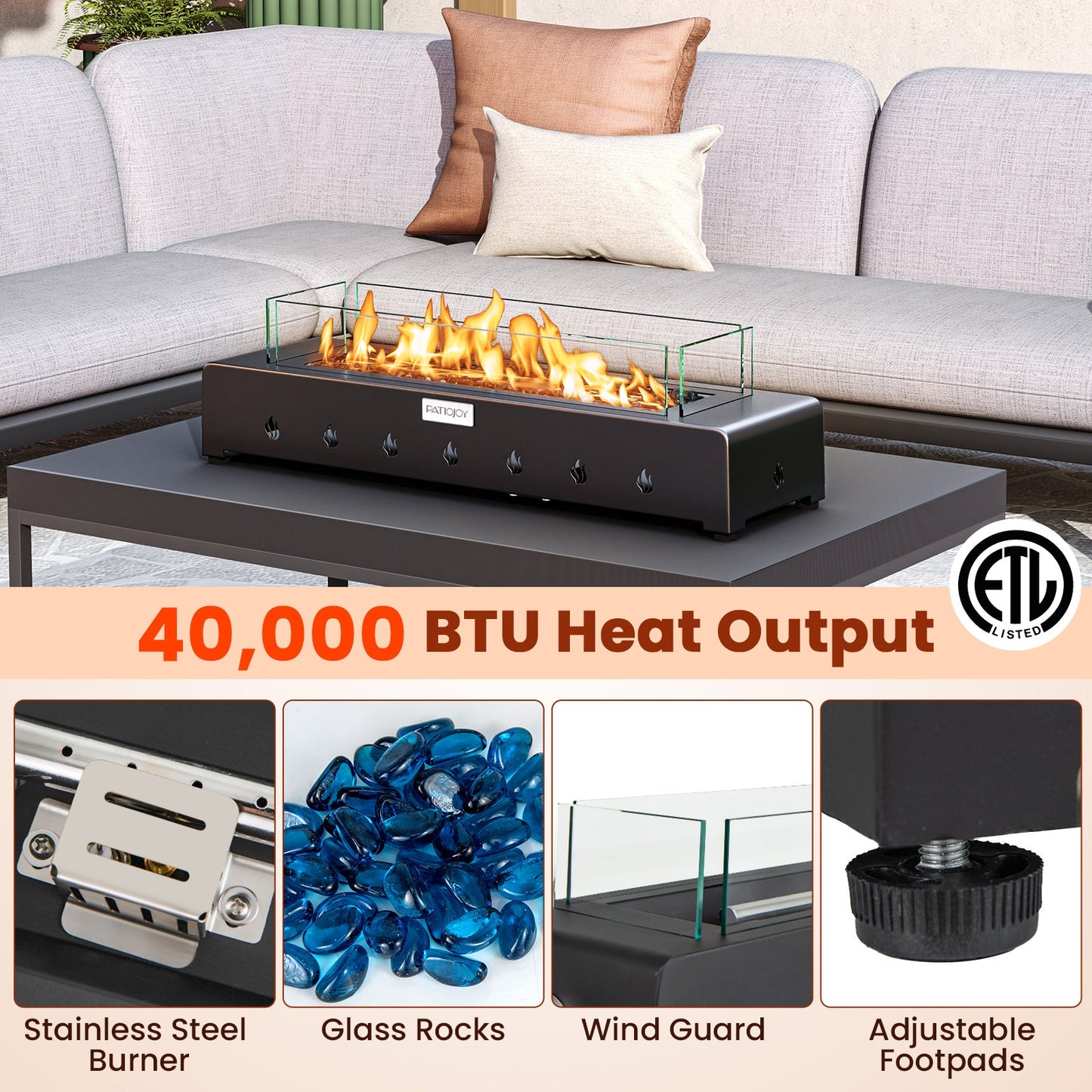 Portable mini fireplace with wind guard and stainless steel burner, 40,000 BTU on Tampa Home & Garden Store