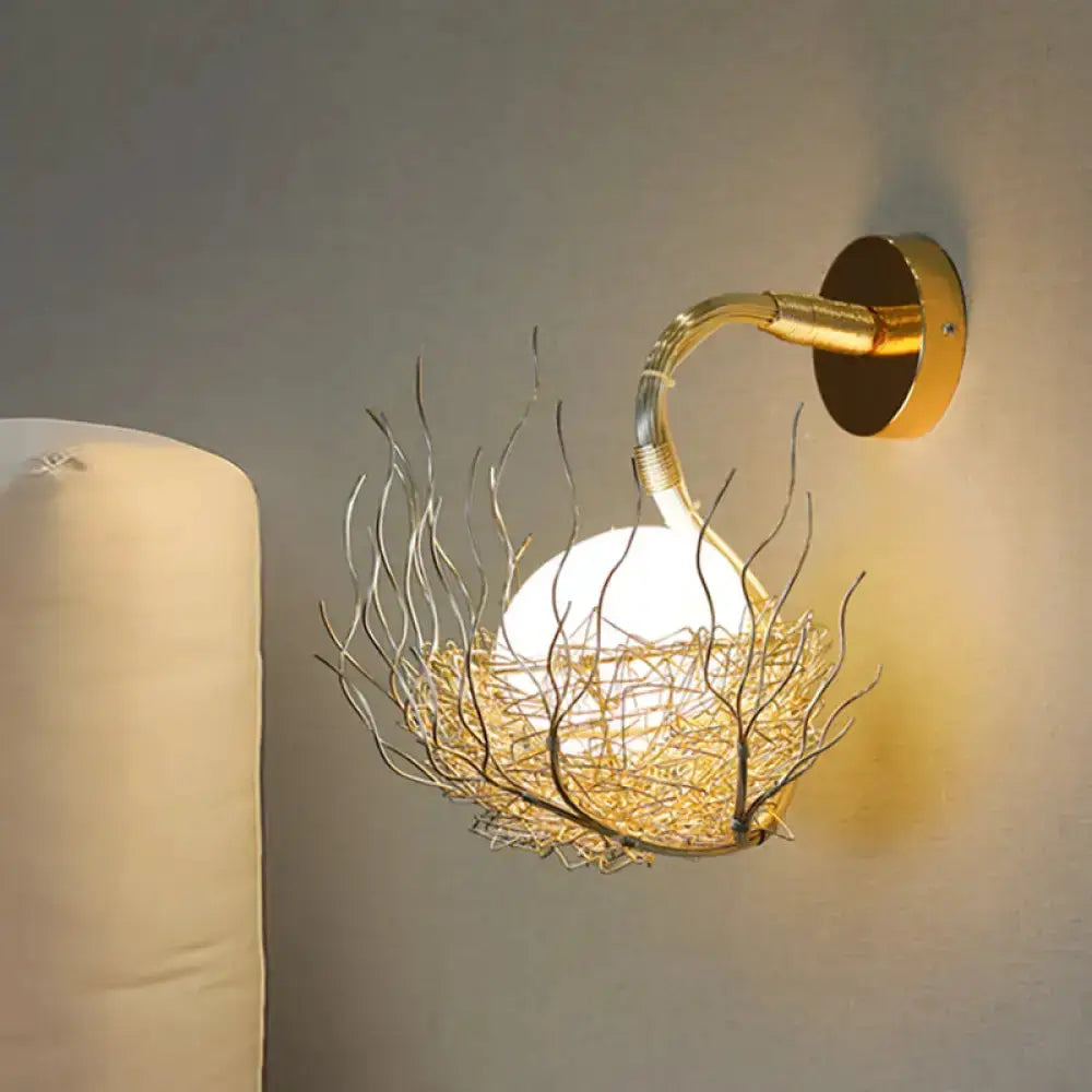 Postmodern gold nest globe wall light fixture by Decorbites with white glass orb on Tampa Home & Garden Store