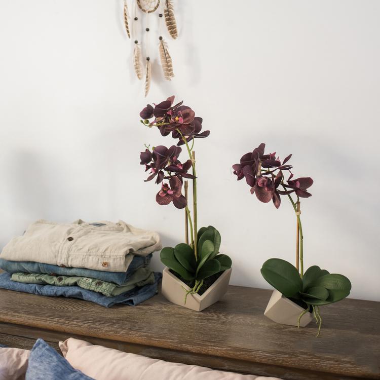 Artificial Silk Orchid Potted Flower Arrangement two purple orchids in beige pots on table on Tampa Home & Garden Store