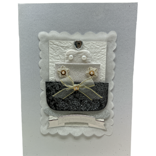 Handmade embellished wedding cake greeting card with glittery black base and pearl accents on Tampa Home & Garden Store