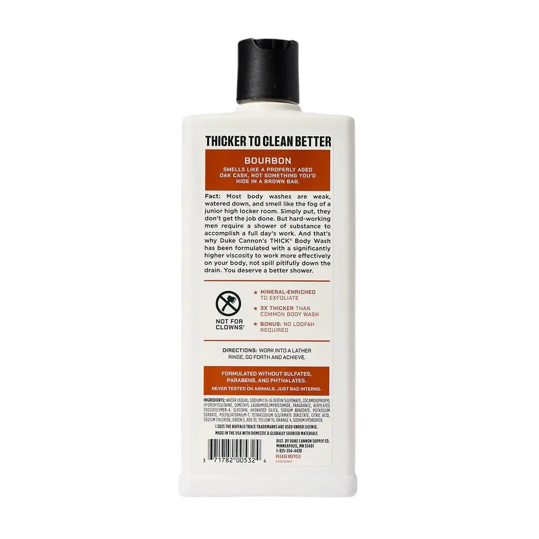 White Duke Cannon Thick Body Wash Buffalo Trace Bourbon bottle with black cap on Tampa Home & Garden Store