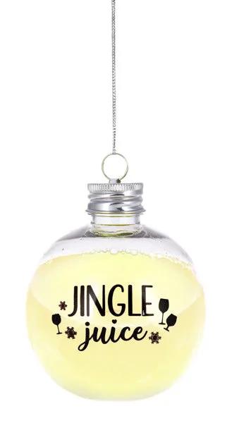 Fillable Cocktail Ornament with Recipe, glass ball containing yellow liquid, JINGLE juice label on Tampa Home & Garden Store
