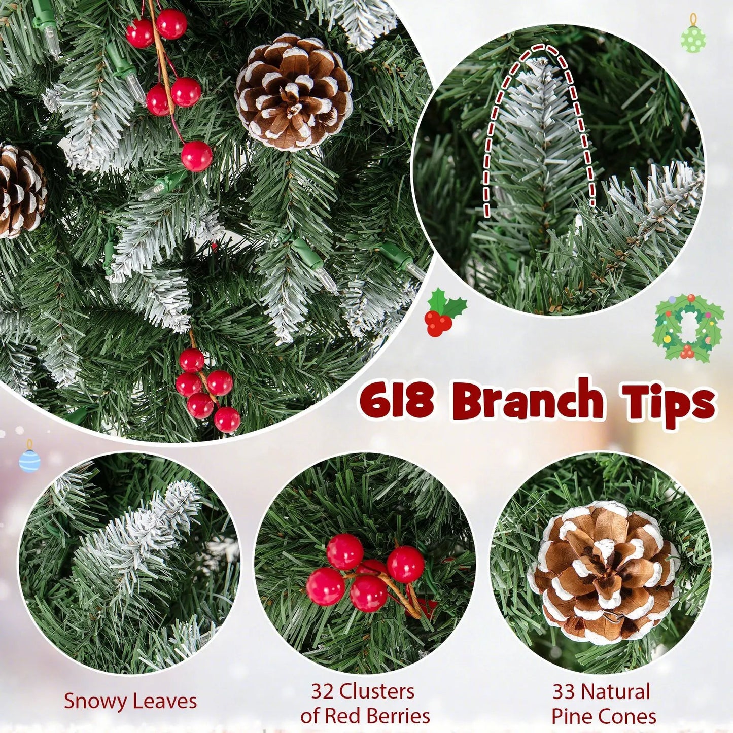 Pre-lit pencil Christmas tree with pine cones, frosted needles, and red berries on Tampa Home & Garden Store