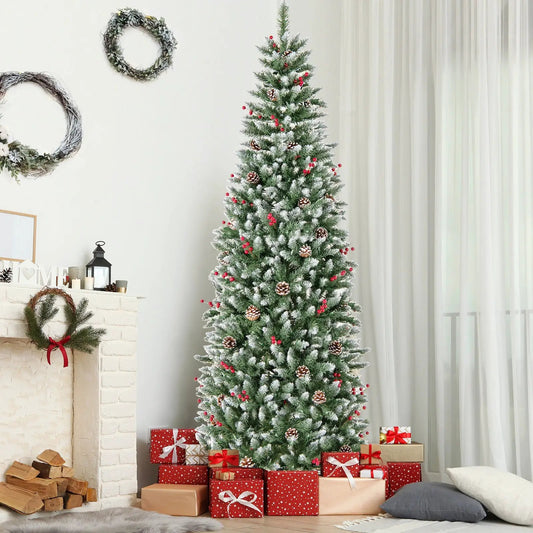 Pre-lit Pencil Christmas Tree with pine cones and red berries beneath gifts on Tampa Home & Garden Store