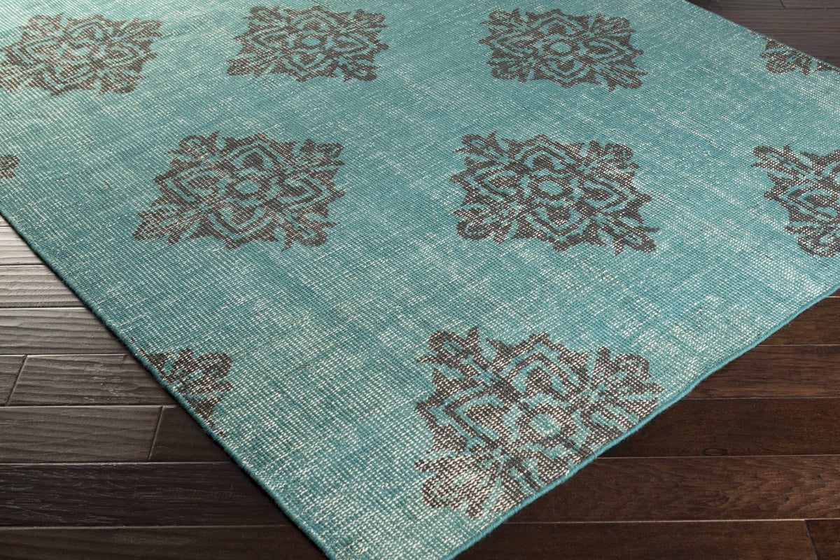Presidio Area Rug teal with dark geometric medallion motif, Boutique Rugs clearance on Tampa Home & Garden Store