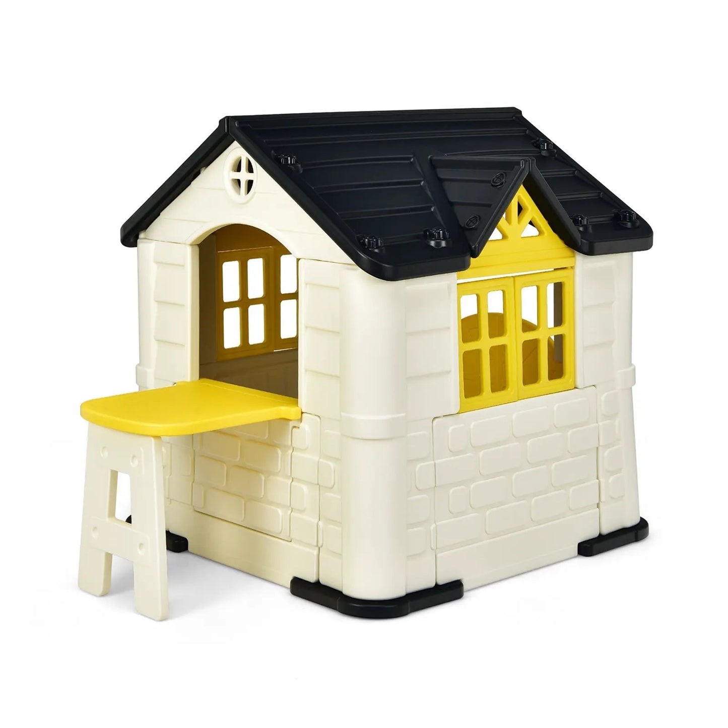 Kid's Playhouse 7-Piece Set: white playhouse with yellow doors, black roof and ladder on Tampa Home & Garden Store