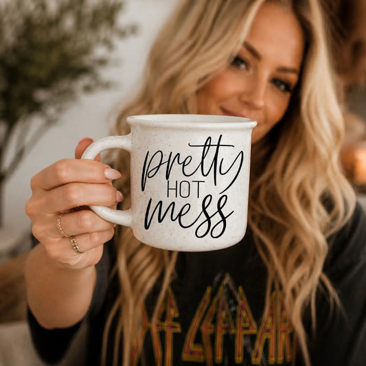 Pretty Hot Mess ceramic mug by Gia Roma, speckled white with black cursive text on Tampa Home & Garden Store
