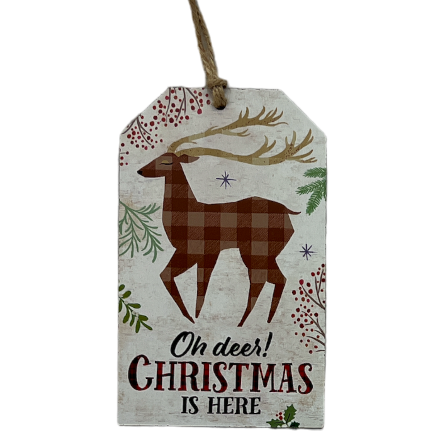 Wooden plaid gift tag ornament with a brown check reindeer motif by The Country Christmas Loft on Tampa Home & Garden Store
