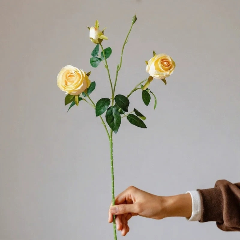 Vintage Garden Rose Stem with two yellow artificial roses and green leaves RusticReach 25 in on Tampa Home & Garden Store