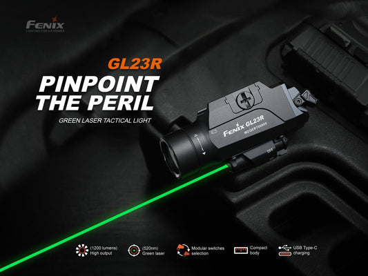 Fenix GL23R green laser tactical light mounted on pistol with 1200 lumens output on Tampa Home & Garden Store