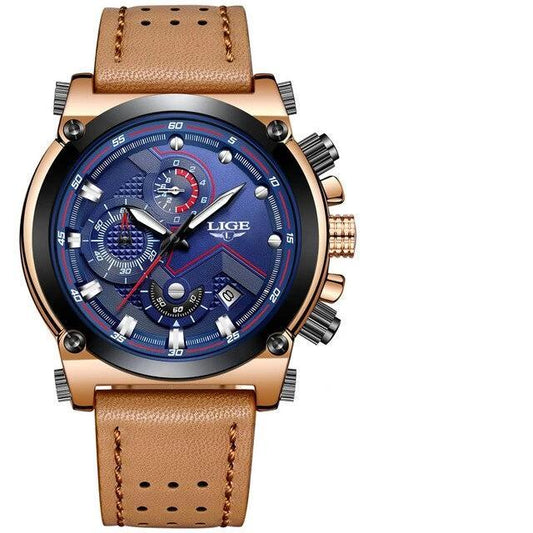 Men's chronograph watch with blue dial, tan leather strap, rose-gold case, LIGE branding on Tampa Home & Garden Store