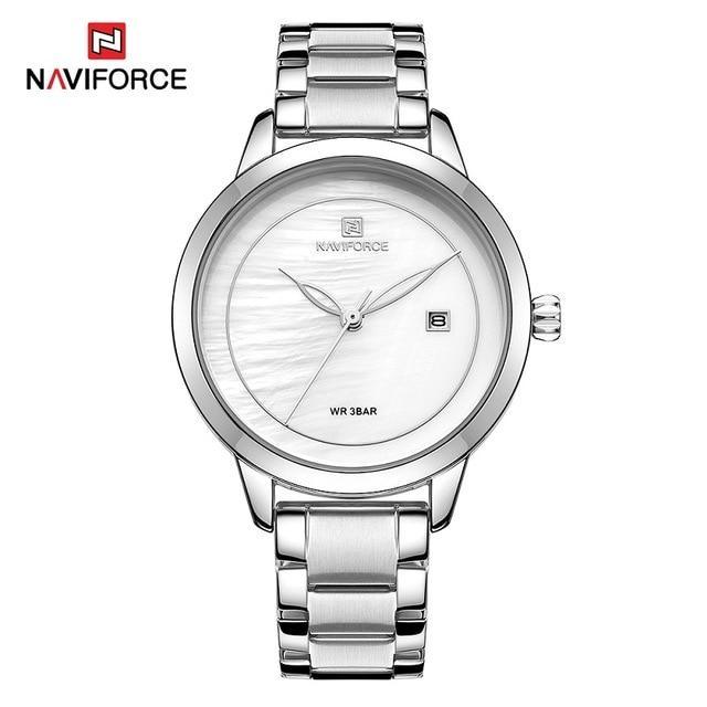 Womens luxury stainless steel watch Naviforce with silver case and white marble-pattern dial on Tampa Home & Garden Store