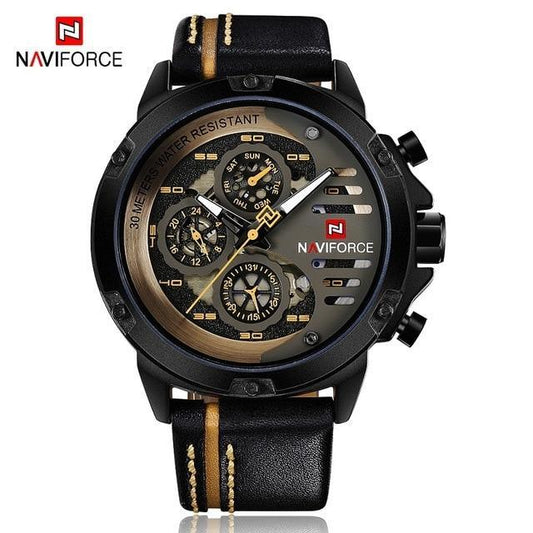 Naviforce men's sports waterproof watch with leather strap and black bronze dial chronographs on Tampa Home & Garden Store
