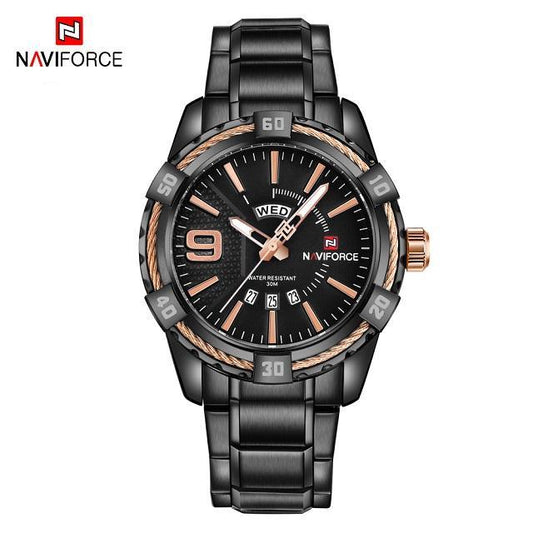 Men's Naviforce luxury stainless steel watch with day/date display, black rose-gold accents on Tampa Home & Garden Store