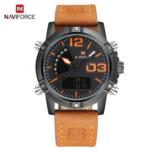 Men's Naviforce digital-analog waterproof watch with orange numerals and tan leather strap on Tampa Home & Garden Store