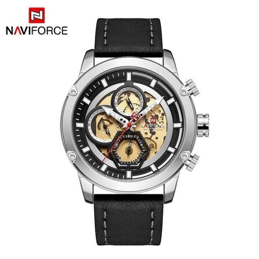 Sport men's Naviforce watch black leather strap skeleton dial with gears on Tampa Home & Garden Store