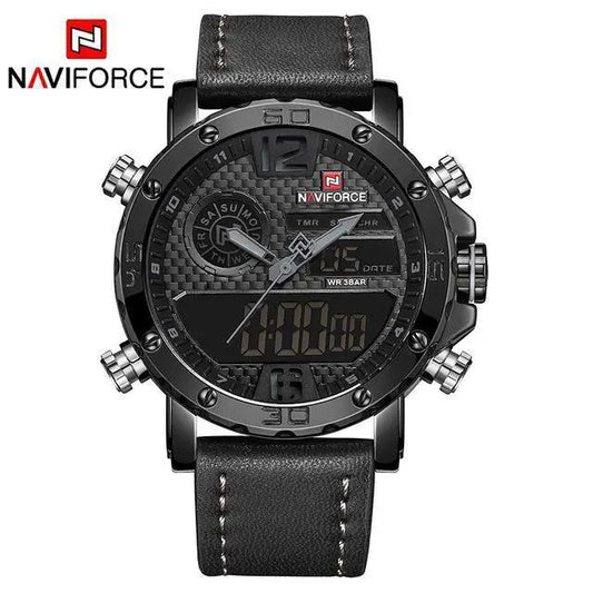 Men's Naviforce waterproof sports watch with digital-analog display, black dial, leather strap on Tampa Home & Garden Store