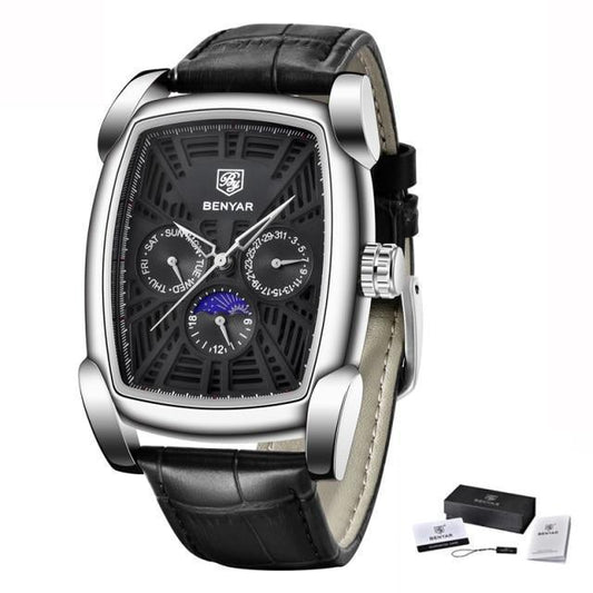 Square luxury mens watch with black leather strap, silver case, BENYAR dial analog quartz on Tampa Home & Garden Store